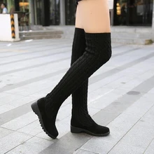 2016 Mode Tricoté Femmes Genou Haute Bottes Élastique Mince Automne Hiver Chaud Longue Cuisse Haute Bottes Femme Chaussures Taille 40 # CXL21