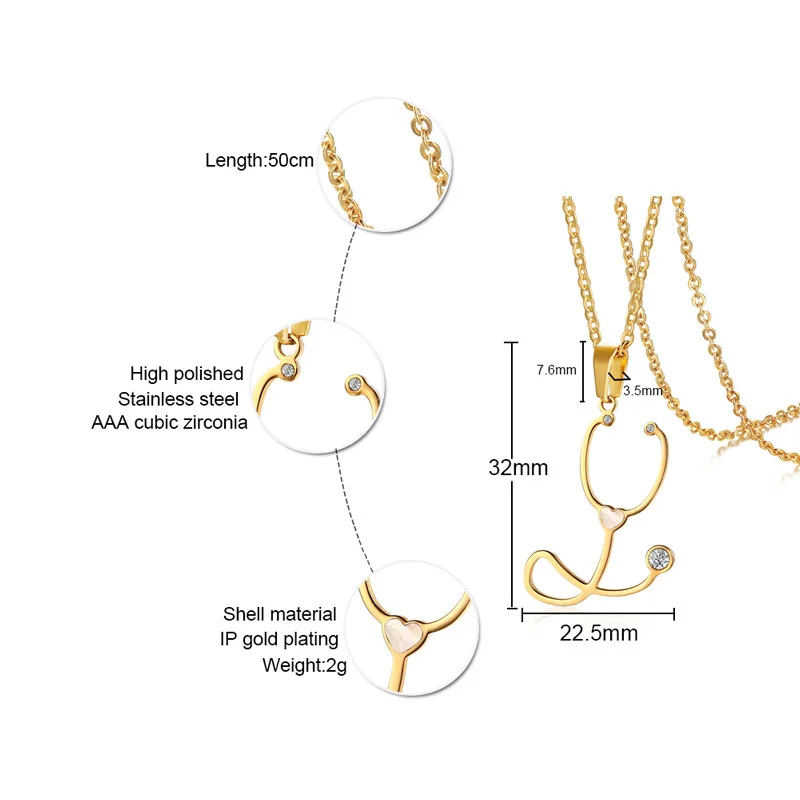 Для женщин Доктор Медсестры ювелирные изделия медицинский стетоскоп кулон ожерелье из нержавеющей стали доктора с сердцем для выпускного подарка(золото