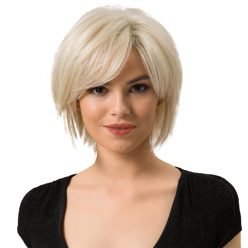

Short Human Hair Golden Straight Cosplay Fluffy Wig 10inch with Hairnet