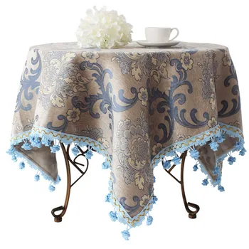 

Blue grey Continental upscale rustic restaurant Western tablecloth square tablecloths round table flag tablecloths