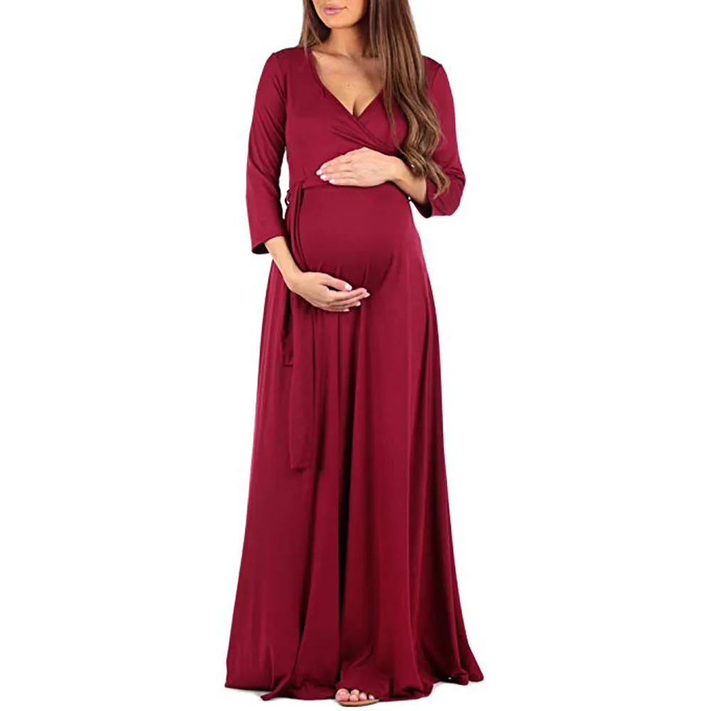 3 цвета, платья для беременных и кормящих матерей с длинным рукавом, однотонное платье макси с v-образным вырезом для беременных, повседневная одежда для беременных женщин