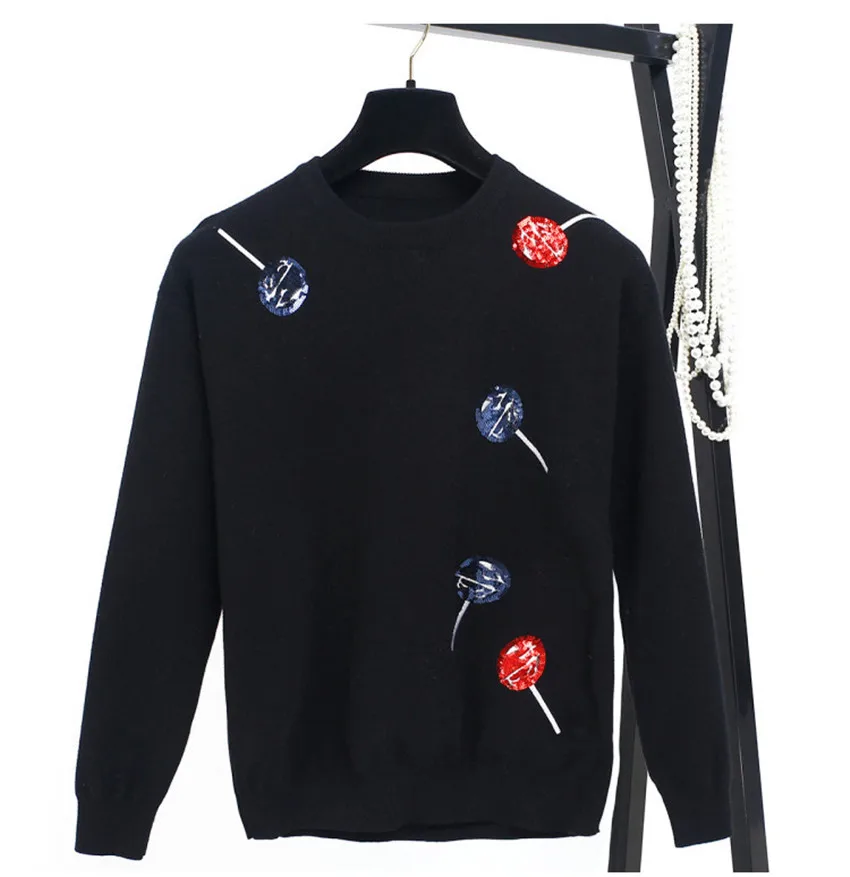 Роскошный брендовый свитер с пайетками, женские свитера и пуловеры,, новая мода, Осень-зима, черный, белый, вязаный пуловер, джемпер