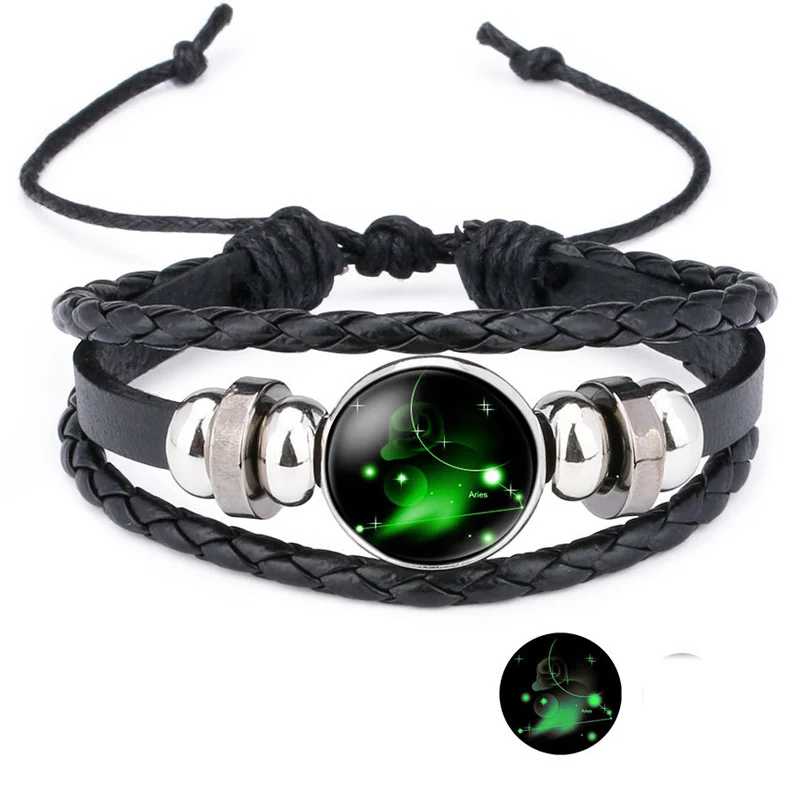 NIUYITID 12 Constellation Bracelet For Women Unisex Leather Jewelry Adjustable Luminous Universe Horoscope Male Boy Gift (10)