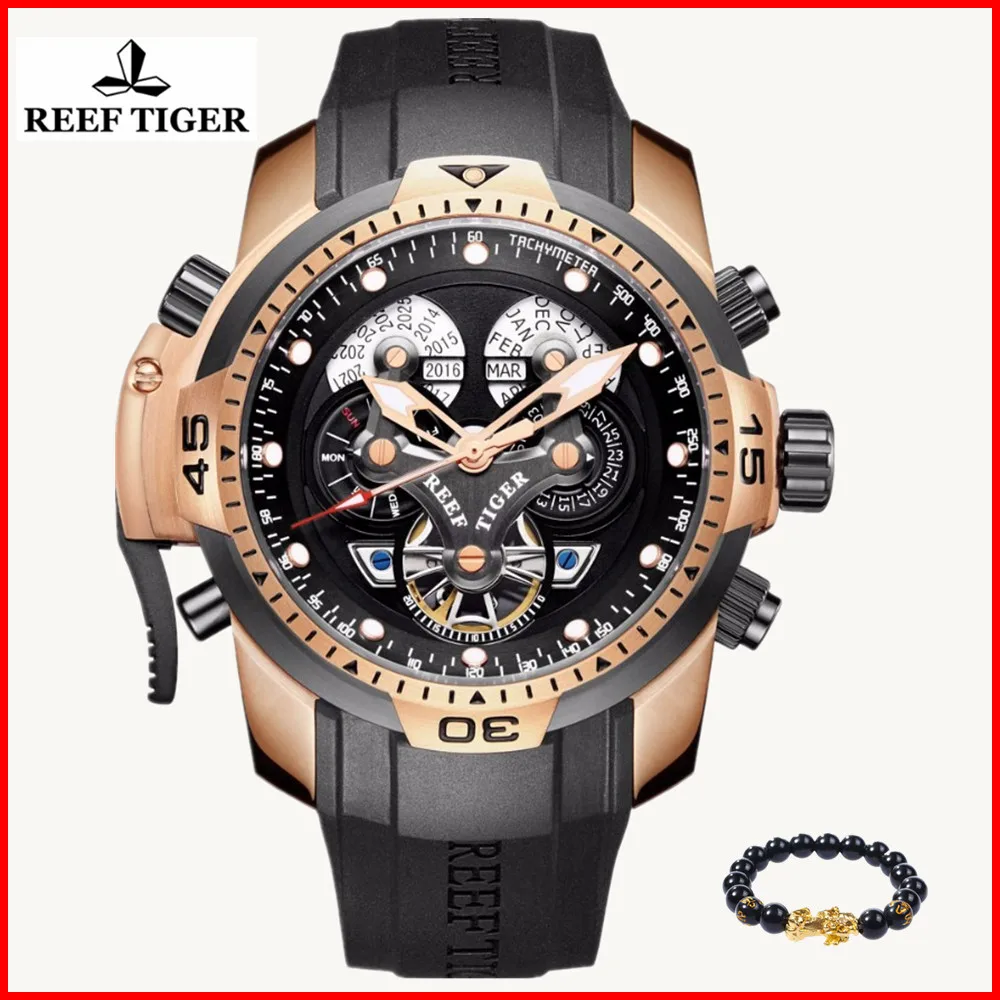 

Reef Tiger Designer Watches Men Big Dial Complicated Watch Perpetual Calendar Waterproof Rubber Strap Watch Relogio Masculino
