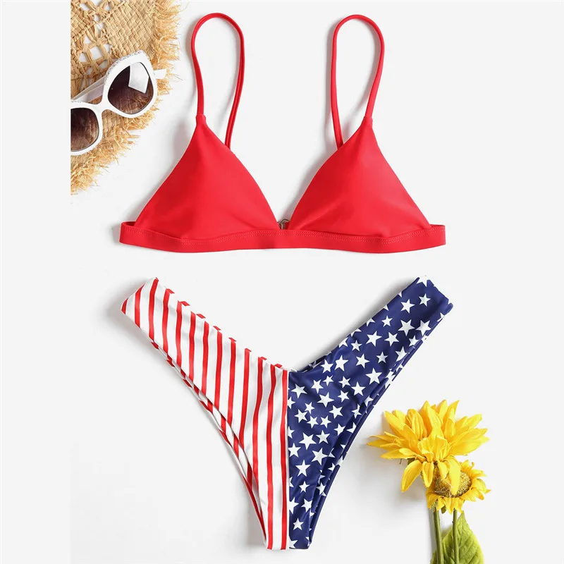 Womens Sexy Bra Bikini American Flag Print Bathing Sling Swimsuit