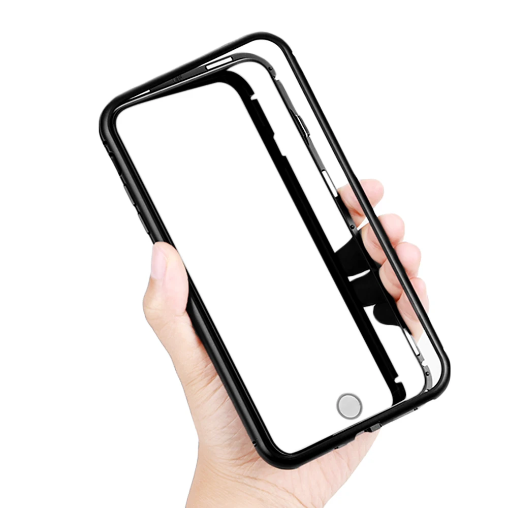 

ET Transparant Magnetic Adsorption Flip Phone Case for iPhone X 8 7 6 Plus Tempered Glass Metal Absorption Back Glass Cover Case