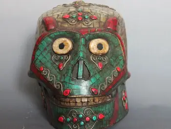 

Tibet Old Copper Inlay Turquoise Shell Coral Ruby Gem Skull Skeleton Head Statue