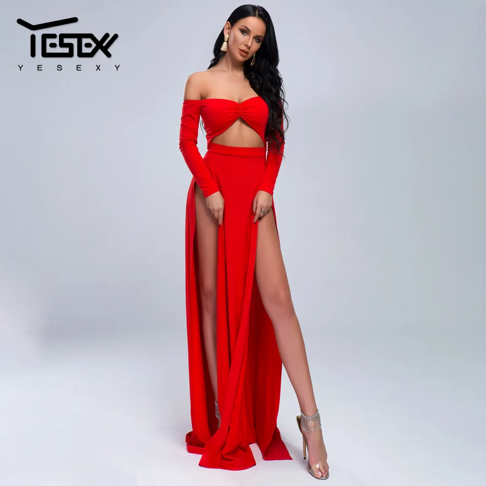 

Yesexy 2019 Solid Color Off the should Backless Women Party Maxi Dresses Long Sleeve High Split Elegant Long Dresses VR19441