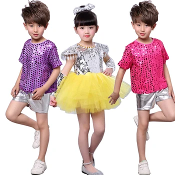 

New Girls Bright Sequined dancing costumes dress Outfits Kids Modern Jazz Stage wear Party Hip Hop Dance Costume Top+Pant Boys
