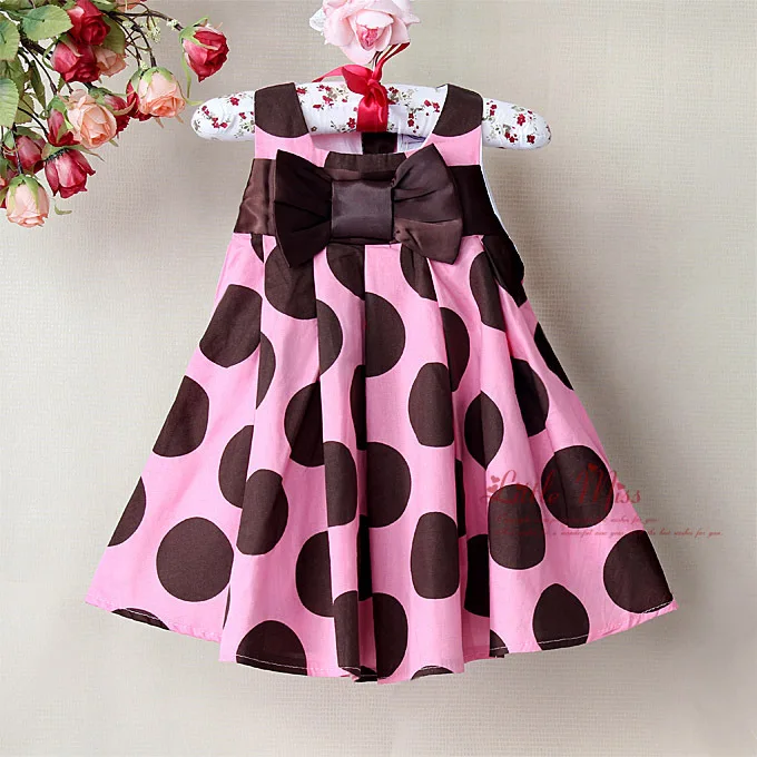 2013 Toddler Girl Dresses Brown Dot Baby Dresses Party With Bow Infant Flower Dress 6 PCS/Lot