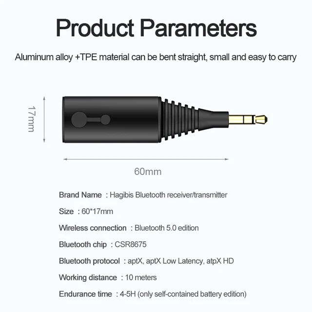 Haifis-transmisor Bluetooth 5,0 para TV, auriculares, PC, 3,5mm APTX, Aux 2 en 1, receptor Bluetooth para altavoz, interruptor de Audio inalámbrico Haifis-transmisor Bluetooth 5,0 para TV, auriculares, PC, 3,5mm APTX, Aux 2 en 1, receptor Bluetooth para altavoz, interruptor de Audio inalámbrico