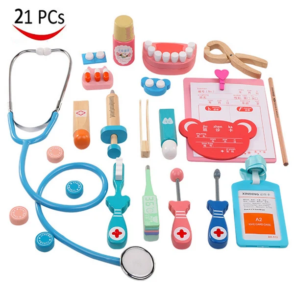 Детская деревянная игрушка «Доктор» набор, доктор халат медсестры до ролевых игр Забавный игрушечный подарок для детей 21 шт - Цвет: Многоцветный