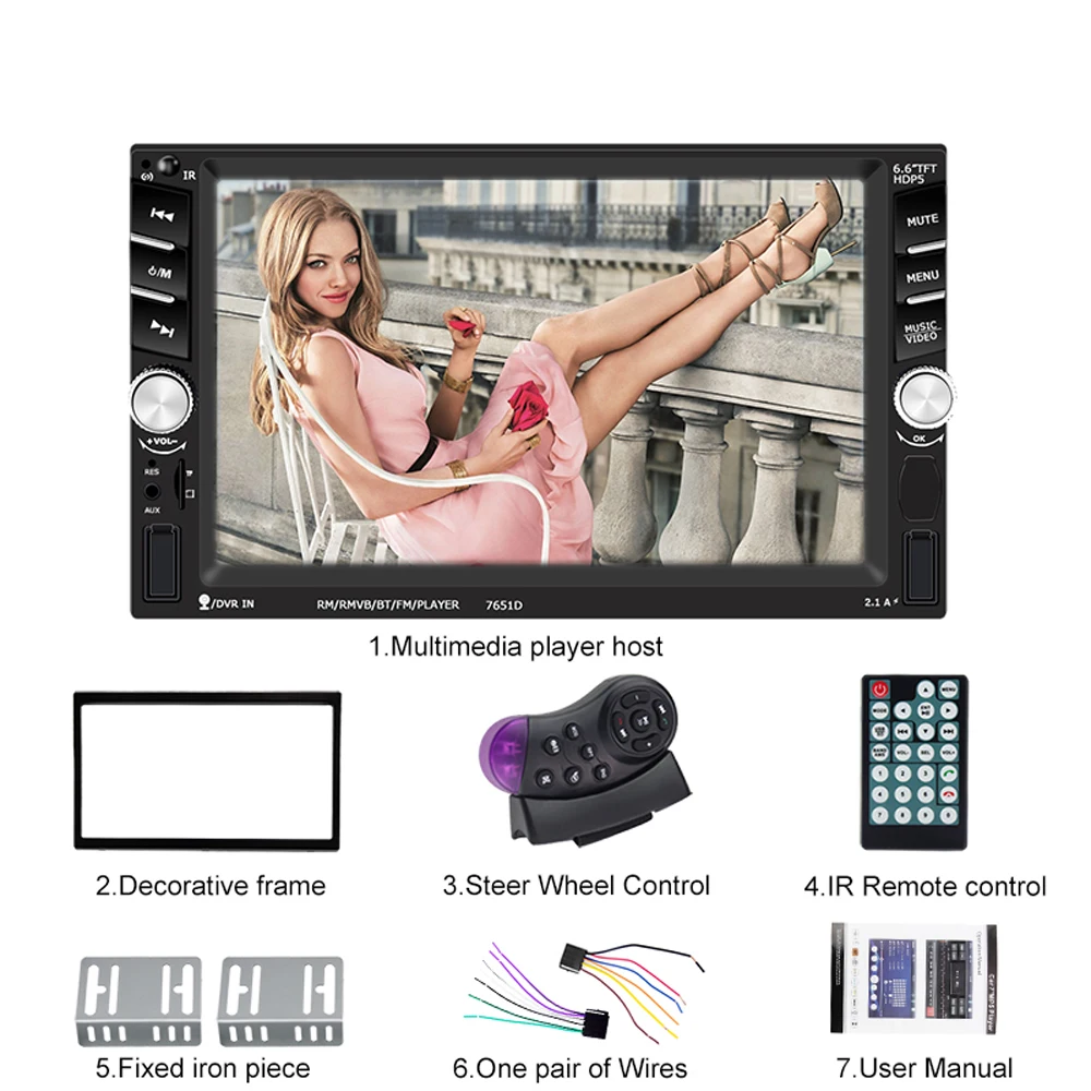 

2 din 6.6'' LCD Touch Screen 12V autoradio car audio auto radio player bluetooth Rear view camera mirror link with Frame Stand