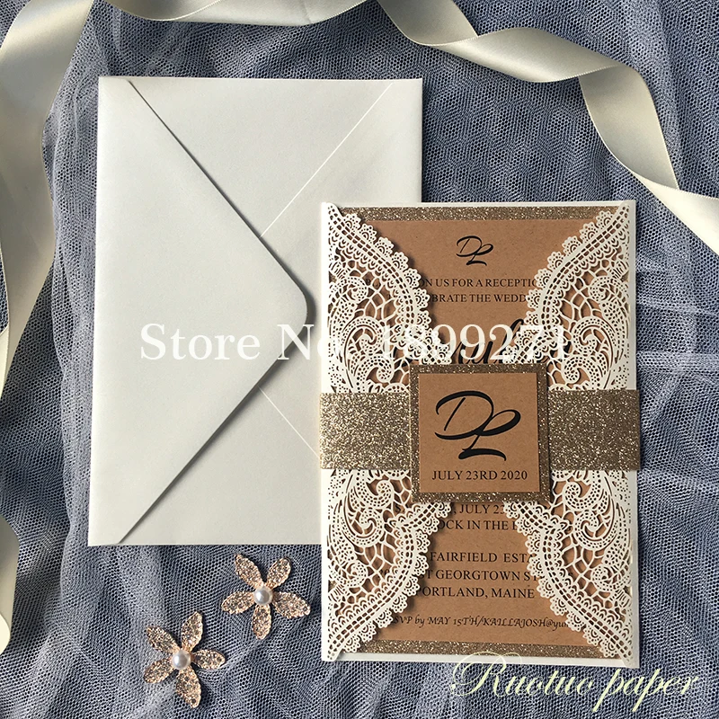 Ivory Lace Laser Cut Wedding Invitations With rose gold gillter ribbon/backgroud Rectangle Wedding Die Cut Laser Cut Traditional