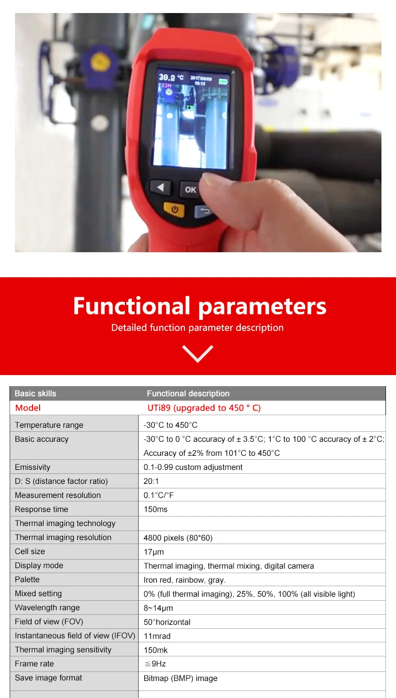 Блок UTi89 тепловизионная камера Инфракрасный термометр Imager-30C до 450C градусов 4800 пикселей Высокое разрешение цветной экран