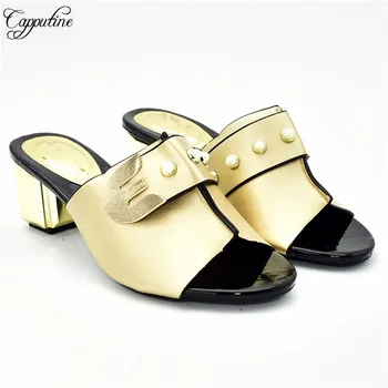 

Latest gold African high heel slipper shoes for party lady 77-3, heel height 7cm free shipping