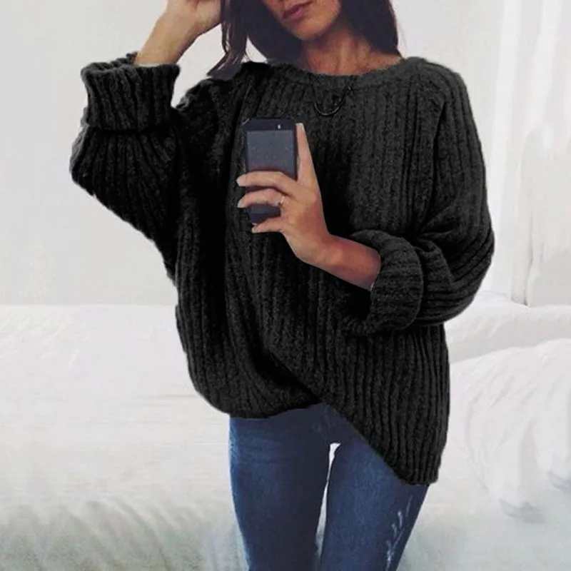 Осенне-зимний свитер большого размера, вязаный пуловер с круглым вырезом, повседневный черный пуловер с длинным рукавом, новинка, однотонные женские свитера