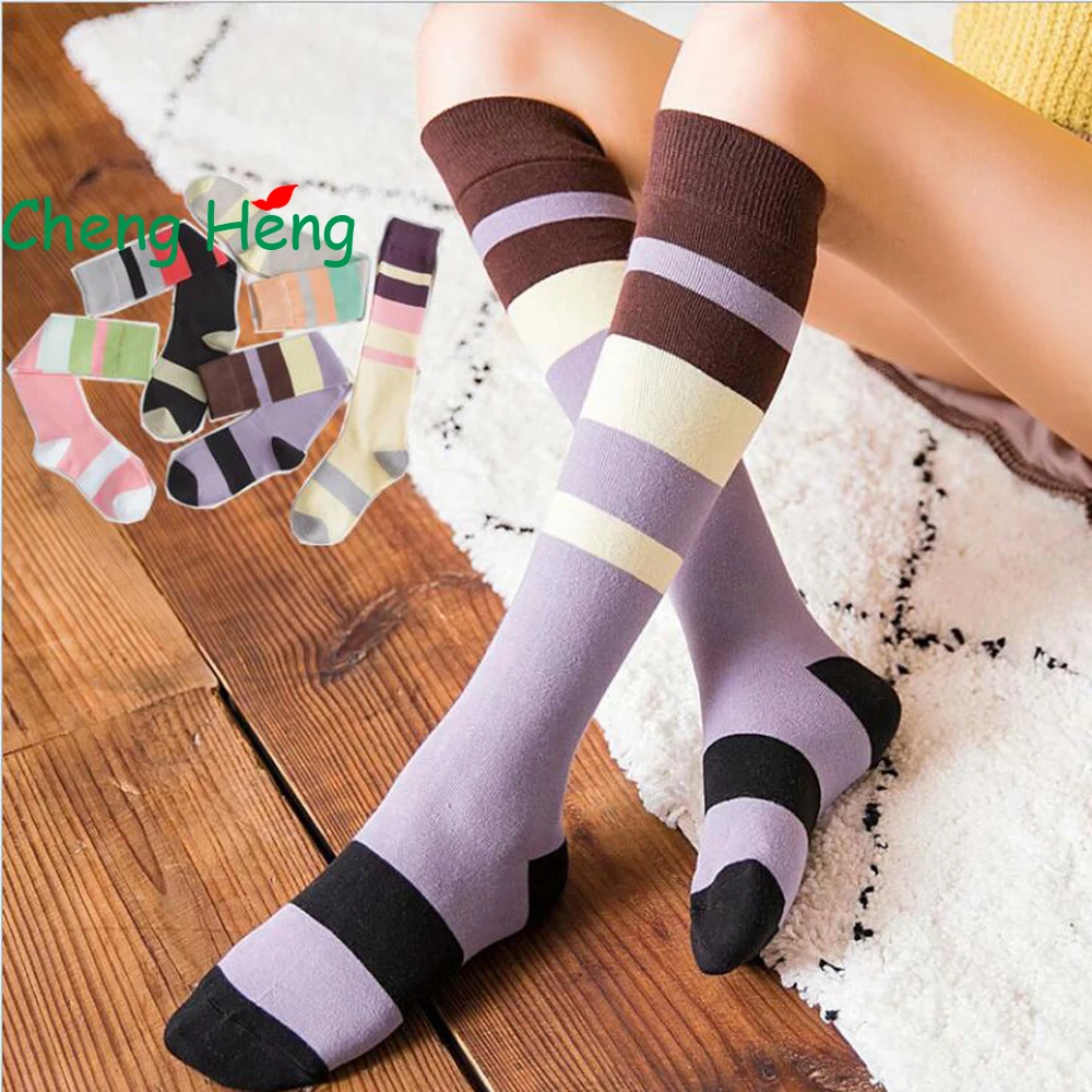CHENG HENG New 5 pairs / Bag Fashion Ladies Striped Long Hit Color Socks And Knee Piles Thin Calf Women | Женская одежда