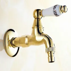 Gold Color Brass Ceramic Flower Pattern Handle Extra Long washer faucet wall mounted Laundry bathroom Mop Water Tap aav135