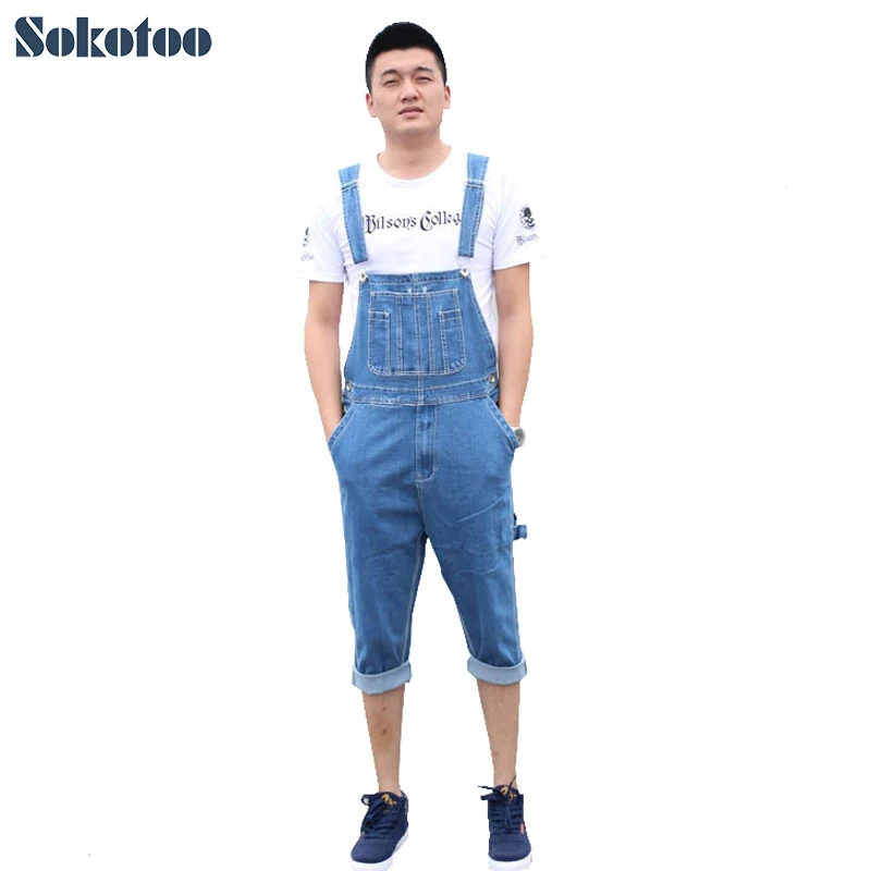 Sokotoo Summer Men's large size stretch denim overalls Casual knee