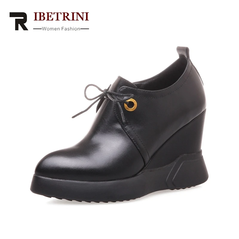 

RIBETRINI 2018 Fashion Large Size 33-40 Genuine Leather Brand Shoes Women Wedge High Heels Lace Up Woman Pumps Cow Leather Shoes