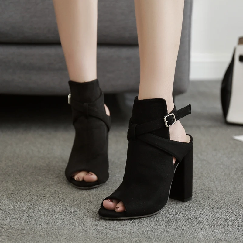 

flock chunky heels Sandals Women casual Peep toe slides shoes buckle high heels shoes Gladiator pumps luxury zapatos mujer black