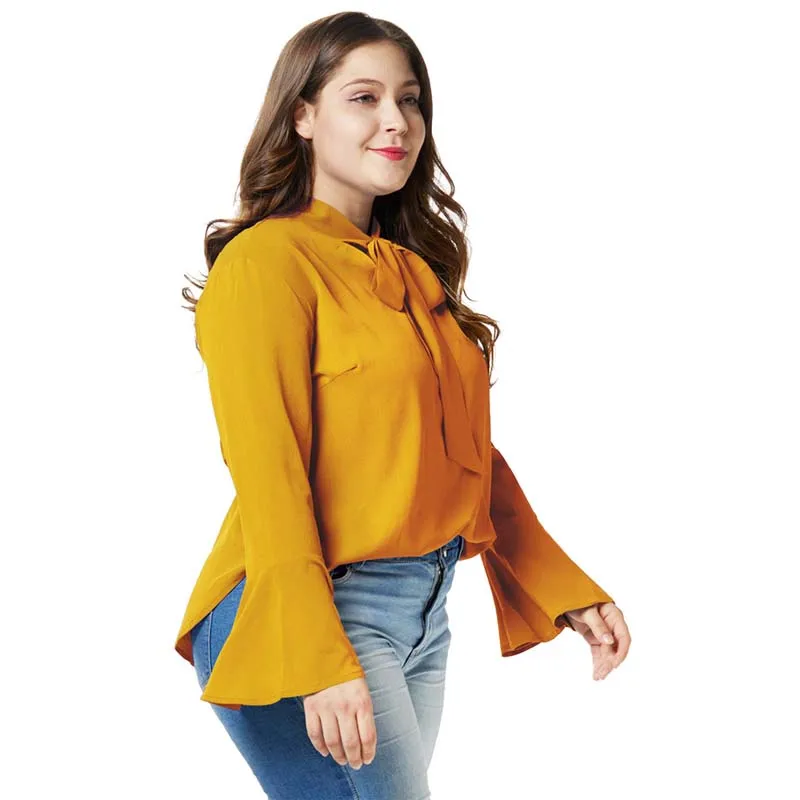 WHZHM осень лук шифон офис плюс Размеры 3XL 4XL Для женщин Блузка Дамы Полный Flare