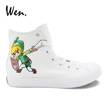 Вэнь Дизайн Пользовательские Ручная роспись обувь Legend Of Zelda кроссовки высокие белые мужские женские парусиновые туфли с перекрестными ремешками плимсоллы