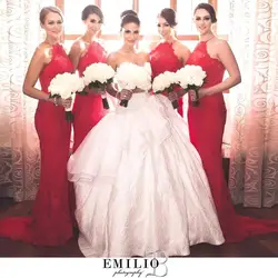 2016 элегантное Красное Кружевное длинное платье подружки невесты в стиле русалки без рукавов vestido de festa для свадьбы robe hond'honneur