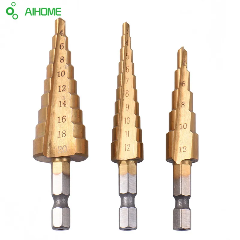 

Hot Sale 3pcs/set Titanium Step Drill Bits 3-12mm 4-12mm 4-20mm HSS Power Tools HIgh Speed Steel Wood Metal Drilling