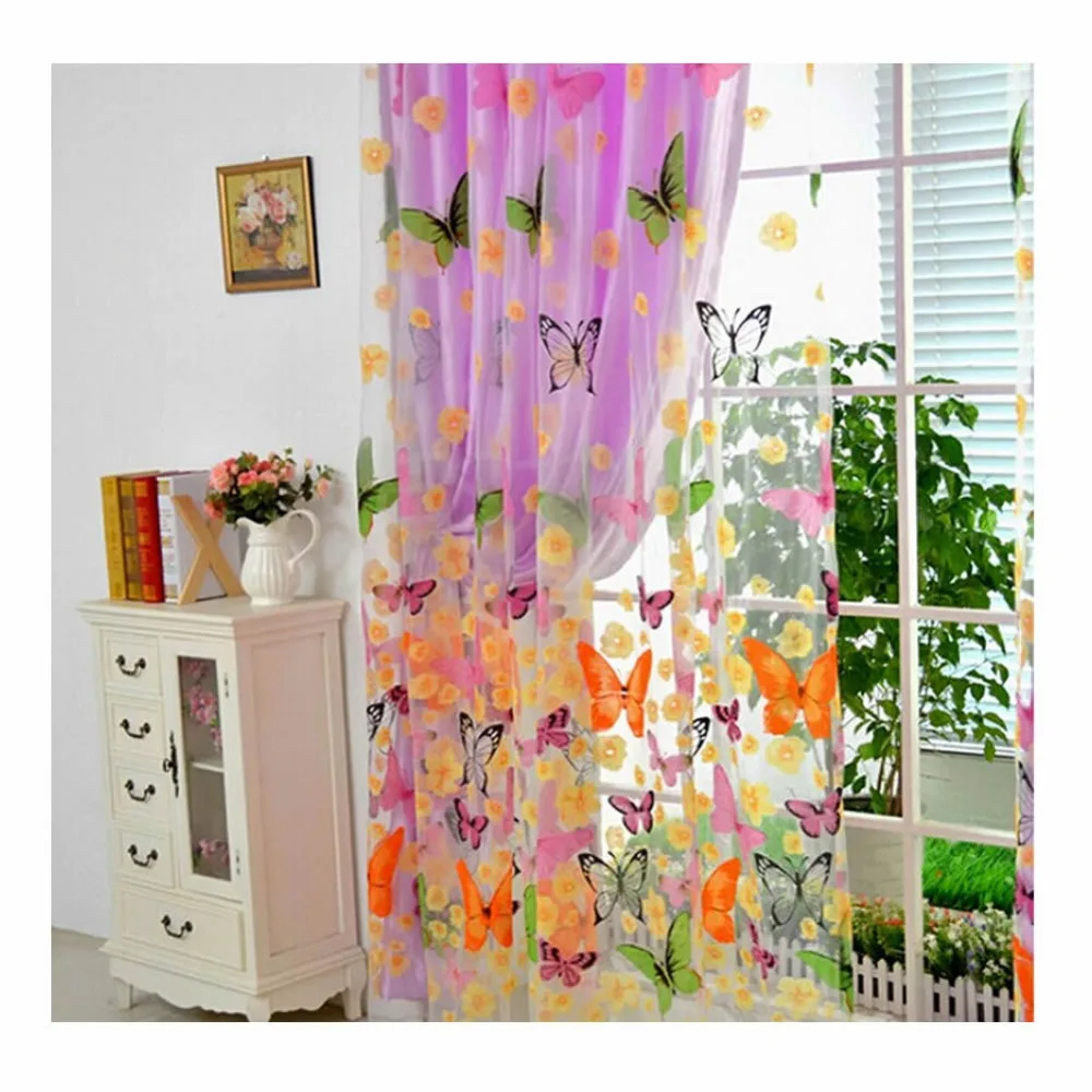 Butterfly Sheer Curtain Voile Tulle Floral Window Door Curtain Scarf Valance DIY 