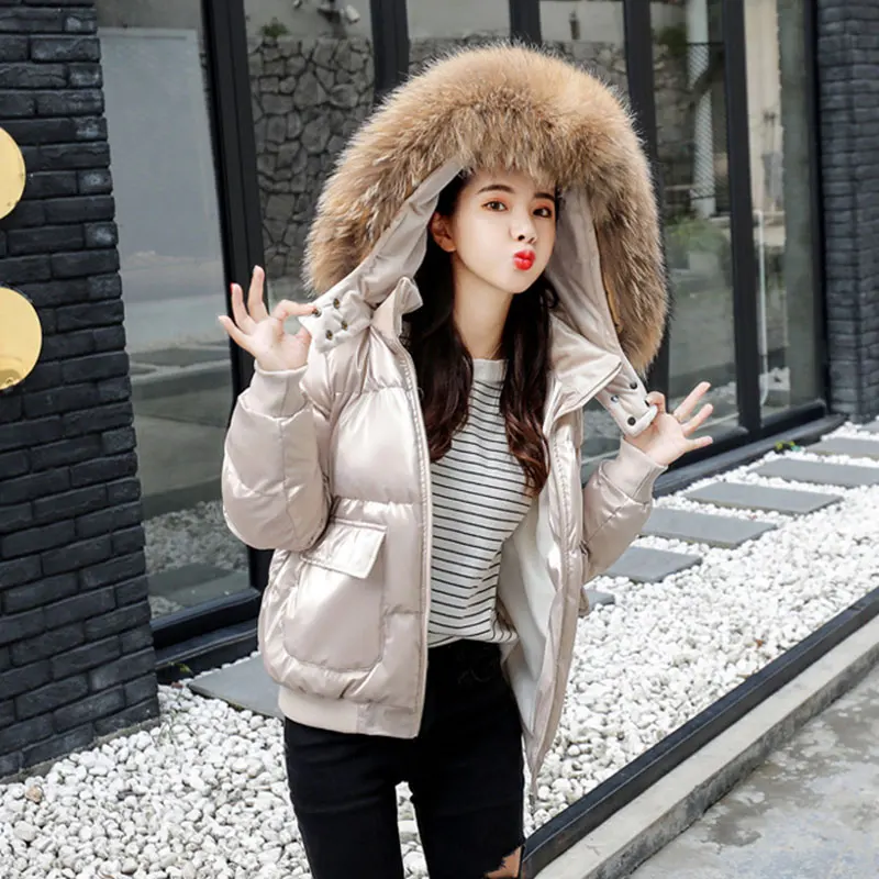 Зимняя женская куртка, высокое качество, с капюшоном, искусственный мех, глянцевое зимнее пальто, женская куртка, парка, теплый, утолщенный пуховик, верхняя одежда 3