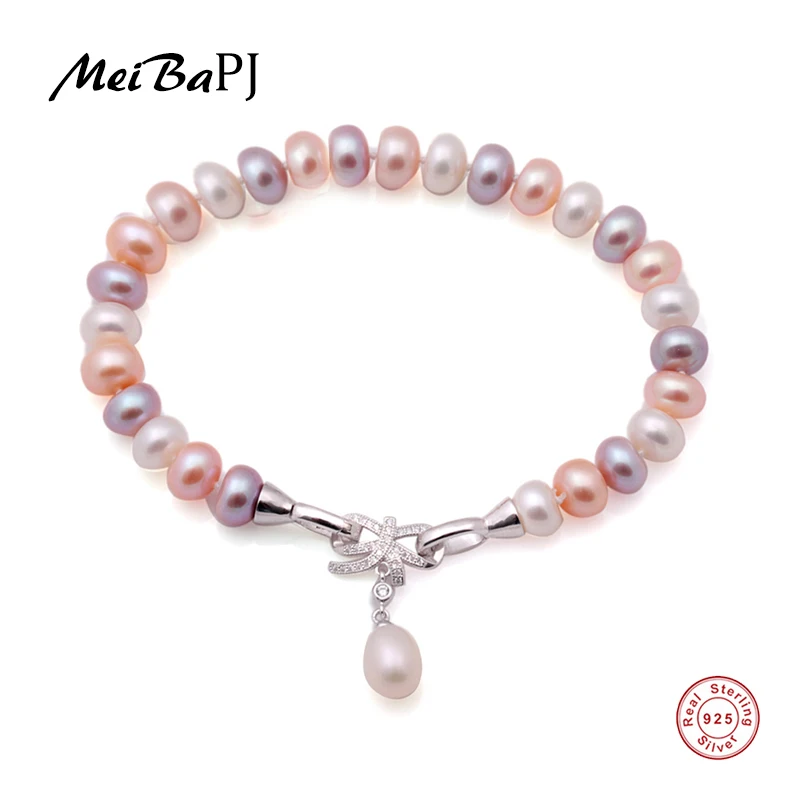 

[MeiBaPJ]925 sterling silver colourfull bow bracelet 9-10mm real natural freshwater pearl bangle excellent workmanship