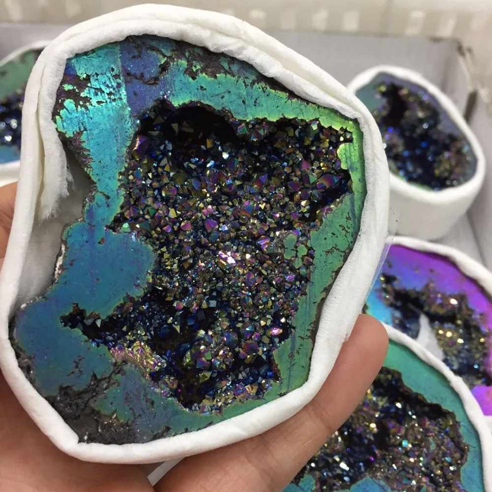 

1 pcs drop shipping rainbow electroplated Crystal gemstone geode meditation reiki healing crystal home decoration as gift