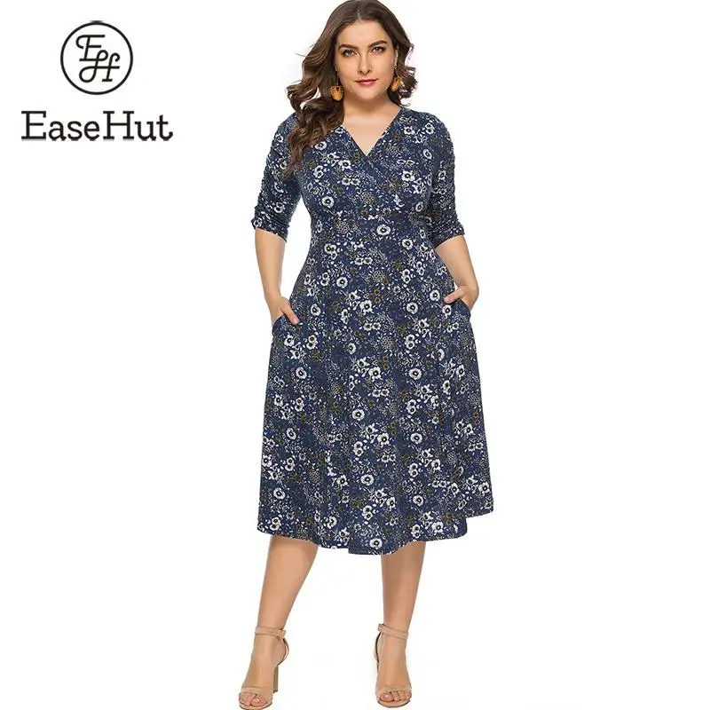

EaseHut 2019 New Women Plus Size Midi Dress Floral Print V Neck Three Quarter Sleeve Bohemian Slim Large Size Dress Blue/Red