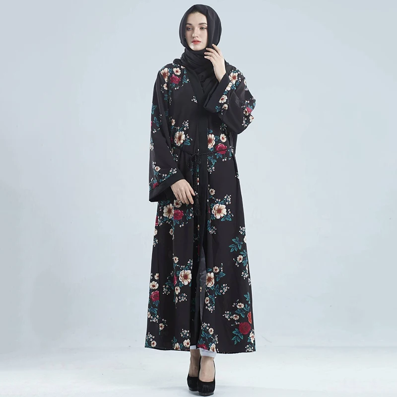 

Elegant Print Full Dress Muslim Abaya Cardigan Loose Skirt Kimono Long Robe Gowns Jubah Middle East Arab Islamic Prayer Clothing