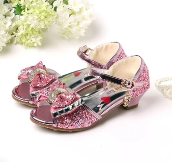 

MXHY2019New Summer Style Fish mouth sandalsGirl Bow sequin high heels Toddler Sweet Children Open-toed princess Sandals 26-38