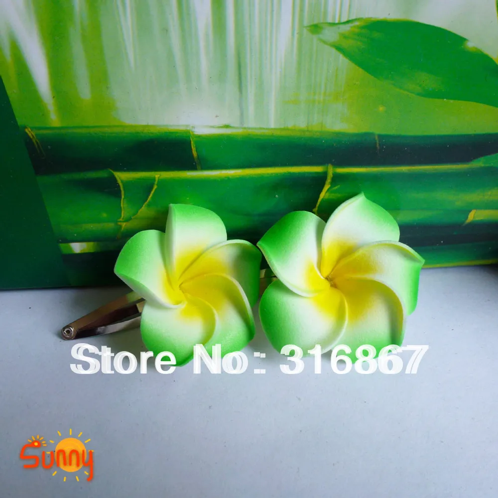 

50 green Foam Hawaiian Plumeria flower Frangipani Flower bridal hair clip 4.5cm