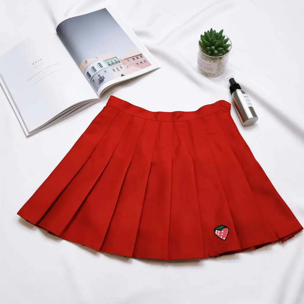 Women Pleated Skirt Girl School Uniform Skirt Solid High Waist Mini Skirts Ladies Casual Strawberry Pleated Mini Skirts#626 - Цвет: Красный