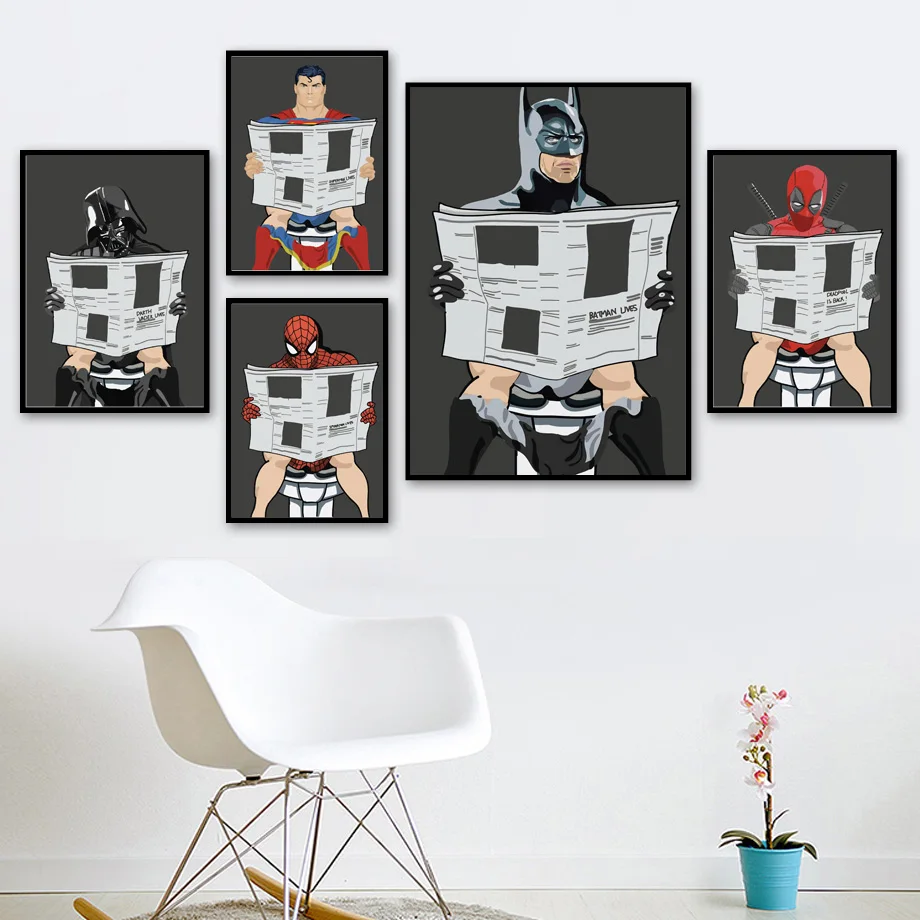 

Bathroom Superman Batman Wall Art Canvas Painting Washroom Nordic Poster Spiderman Wall Pictures For Living Room Unframed