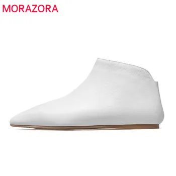 

MORAZORA 2020 newest genuine leather ankle boots for women pointed toe autumn boots slip on elegant simple flat shoes woman