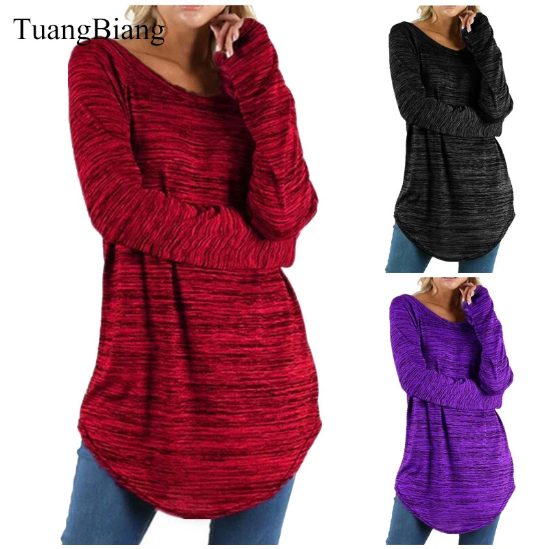 

women 2018 Plus size Loose round neck tshirt long style Solid color Tee Shirts Ladies Winter off shoulder Cotton Tops camisetas