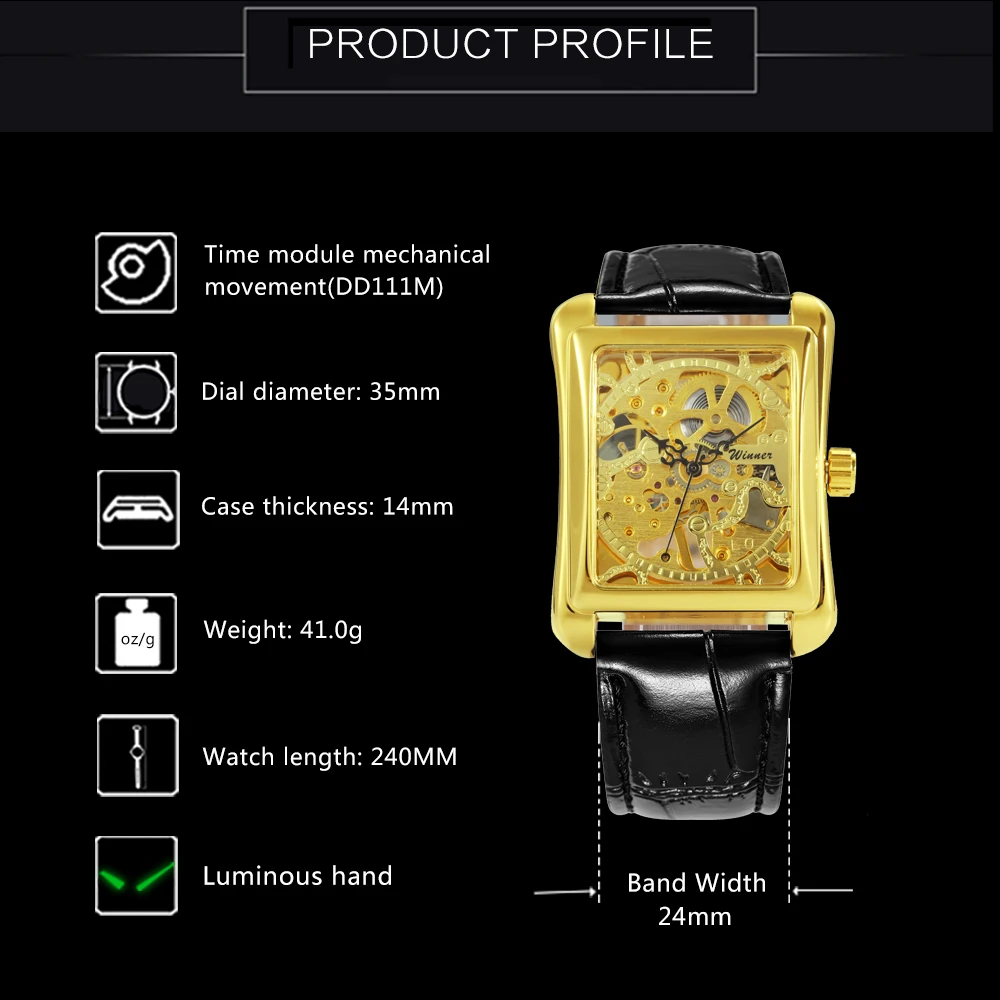 Cena Zwycięzca Retro Ladies mechaniczny zegarek zegarki na rękę męskie i damskie szkielet prostokąt zegarki skórzany pasek prezent dla par dla kochanka
