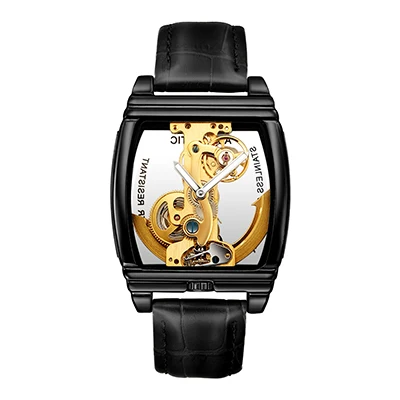 SHENHUA мужские часы Топ бренд класса люкс Натуральная кожа ремень прозрачный скелет автоматические механические наручные часы Мужские часы - Цвет: blackgold