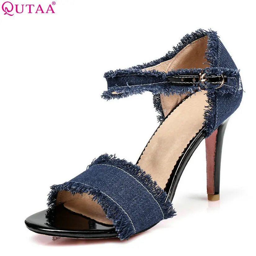 

QUTAA 2018 New Women Pumps Fashion Peep Toe Womenshoes Thin High Heel All Match Westrn Style Buckle Ladies Pumps Szie 34-43