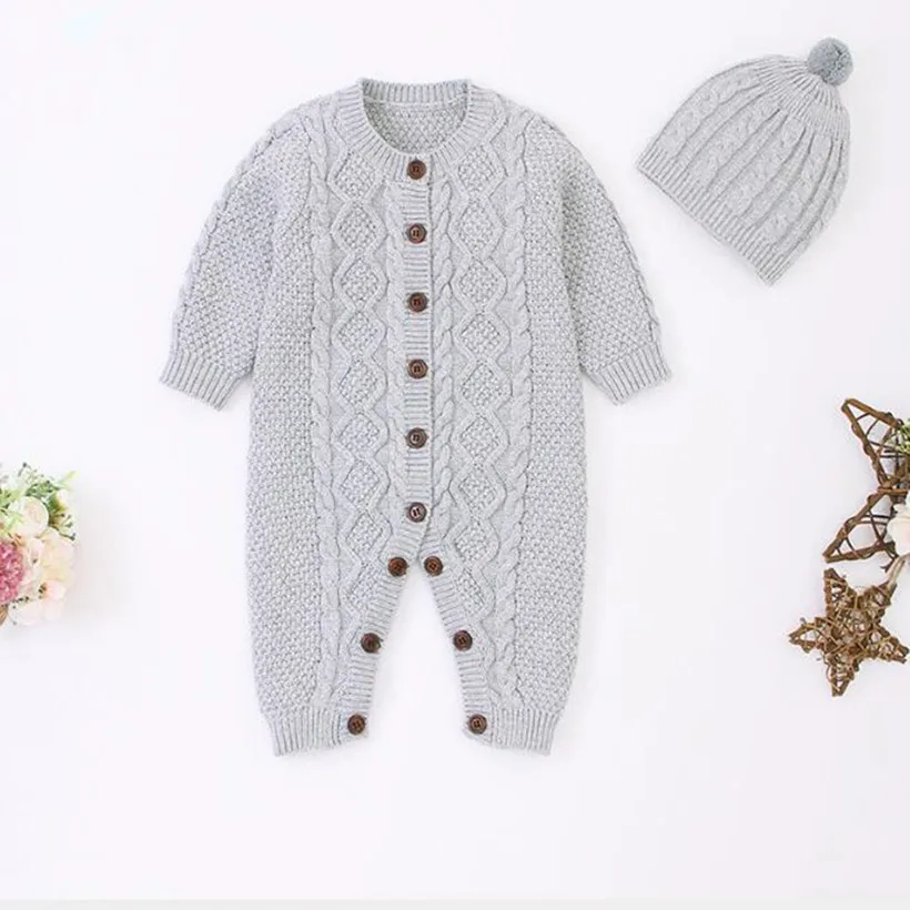 Newborn Baby Romper For Boys Cotton Knitted Baby Clothes Autumn Winter Toddler Clothes Long Sleeve Infant Jumpsuit With Hat