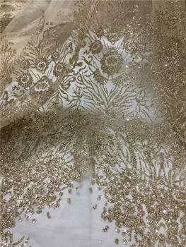 

Luxury wedding/party gold French tulle net lace fabric with glitter for sewing dress UN77(5yards/pc)