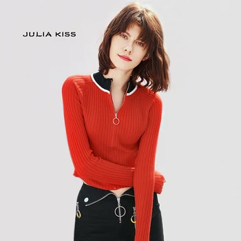 

Women Zip Up Crop Knit Top Zip Up Contrast Neck Ribbed Cardigan