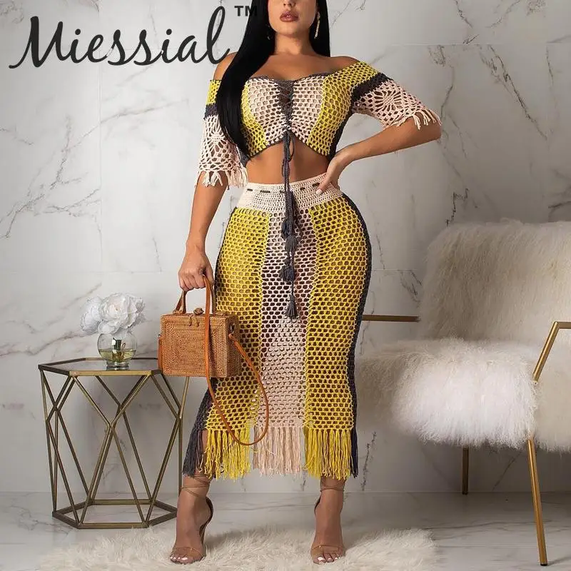 

Miessial Tassel fringe plus size winter dress Women off shoulder two piece suit bodycon dress Female hollow out elegant dress