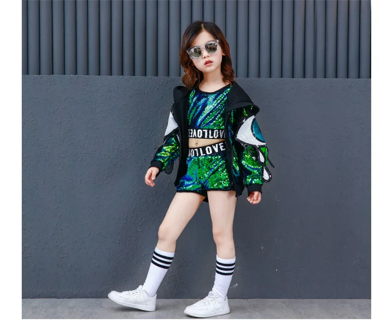 Новые с блестками в стиле хип хоп танцевальные костюмы детские девочкам Джаз улица хип-хоп Танцы Костюмы детская сценическая одежда для сцены, одежда